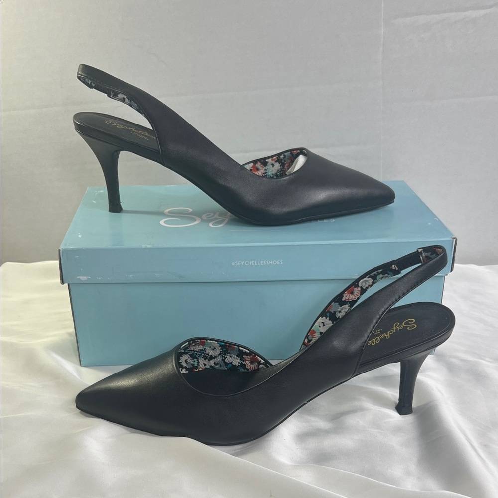 Seychelles Elegant Ornament Black Leather Slingback Heels Women’s 9.5 New in Box